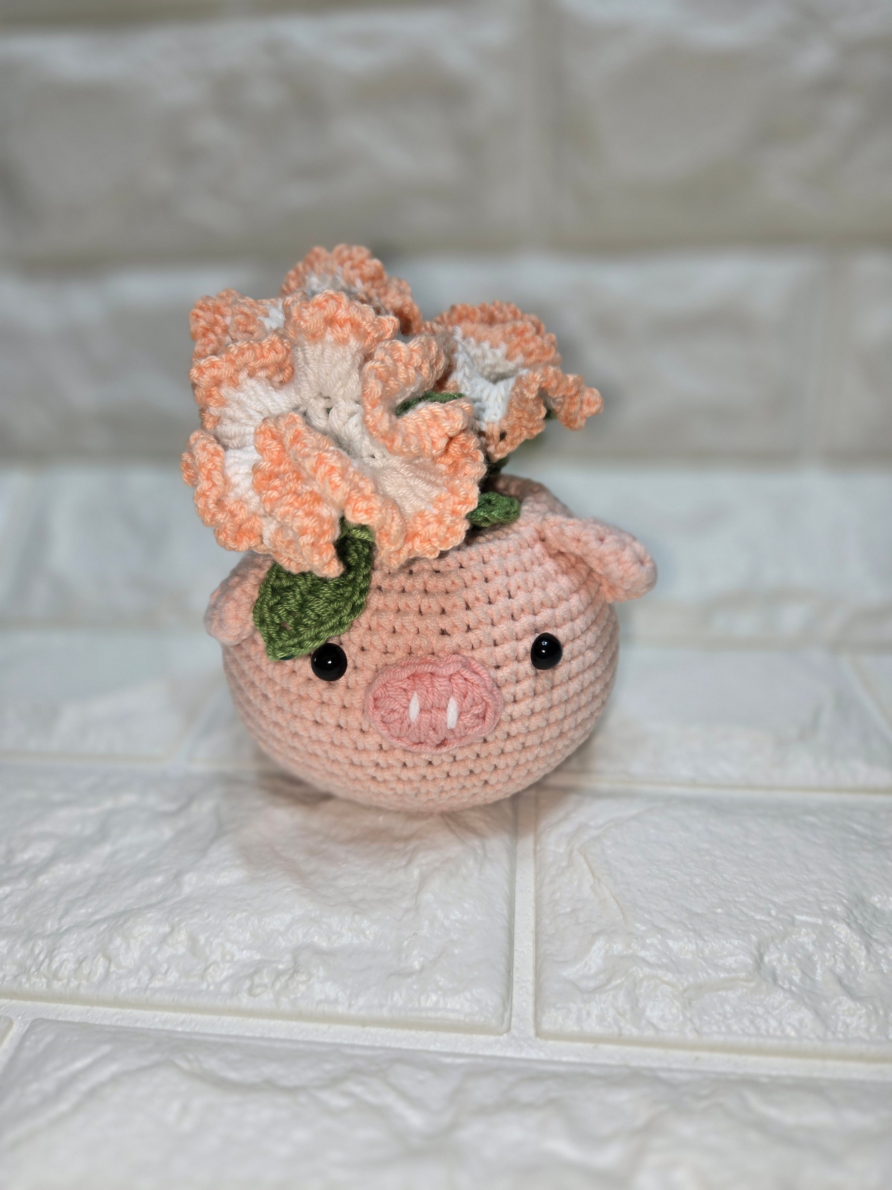 Handmade Crochet Pig Planter Pot with Flower