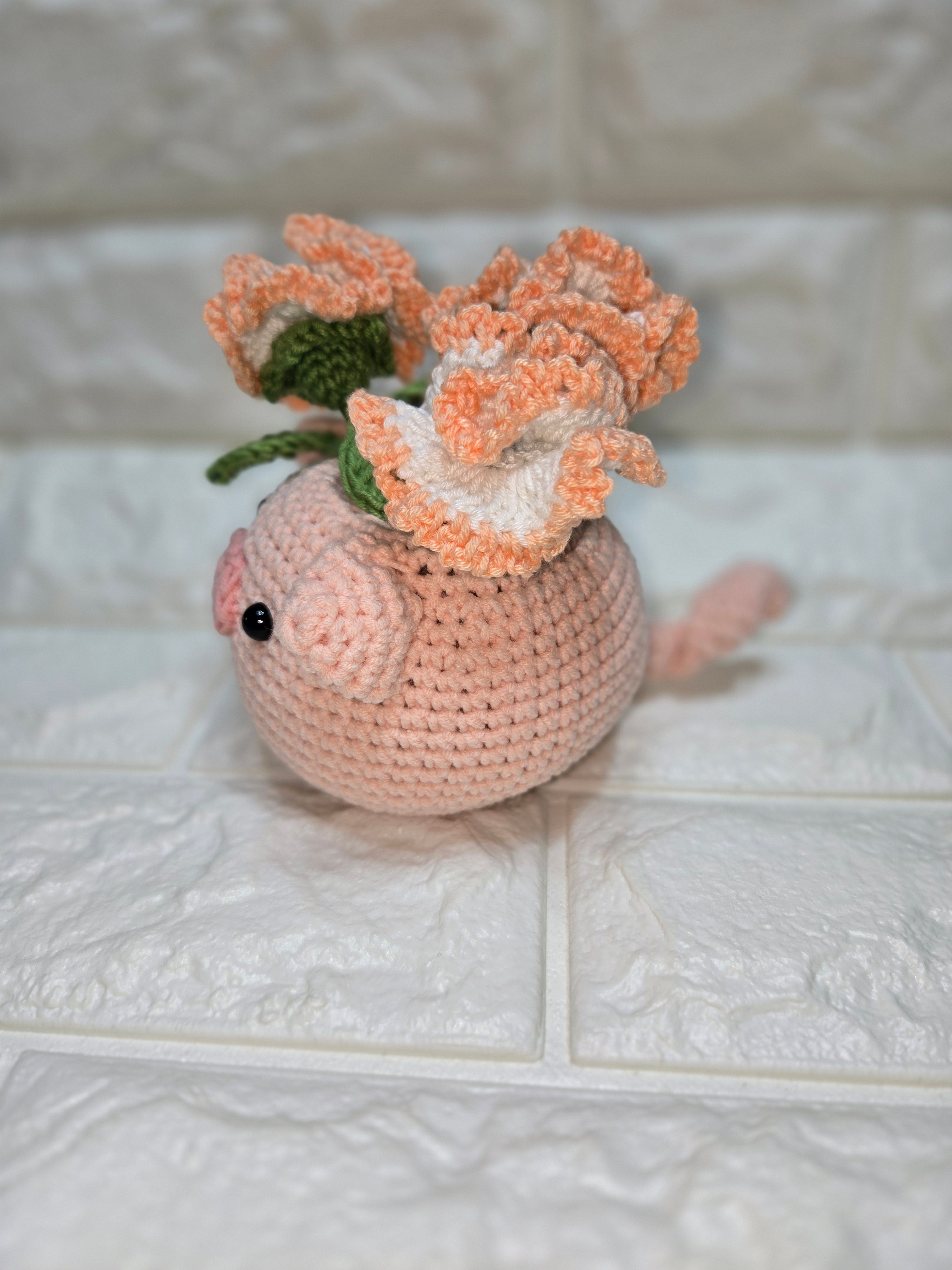 Handmade Crochet Pig Planter Pot with Flower
