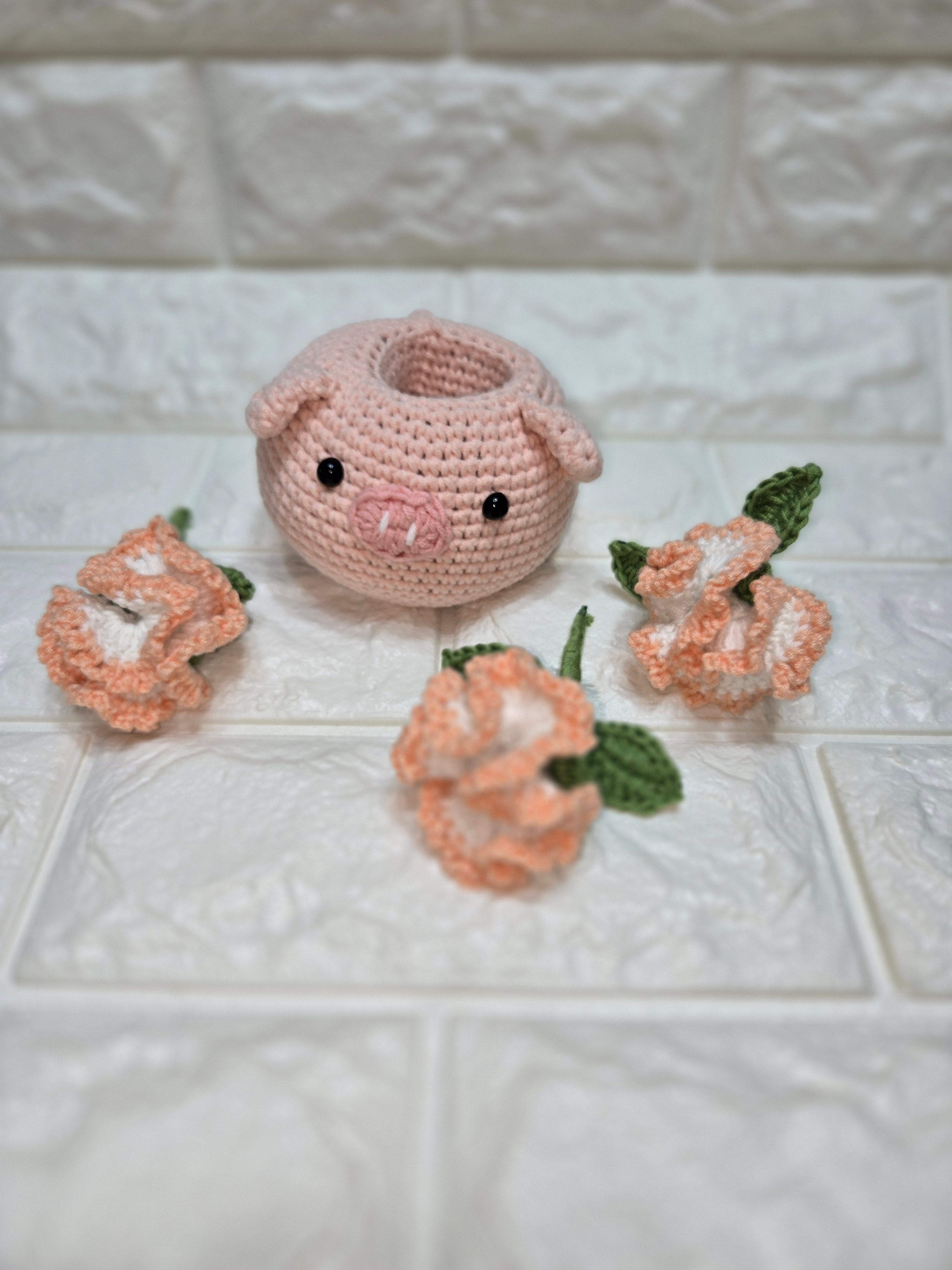 Handmade Crochet Pig Planter Pot with Flower