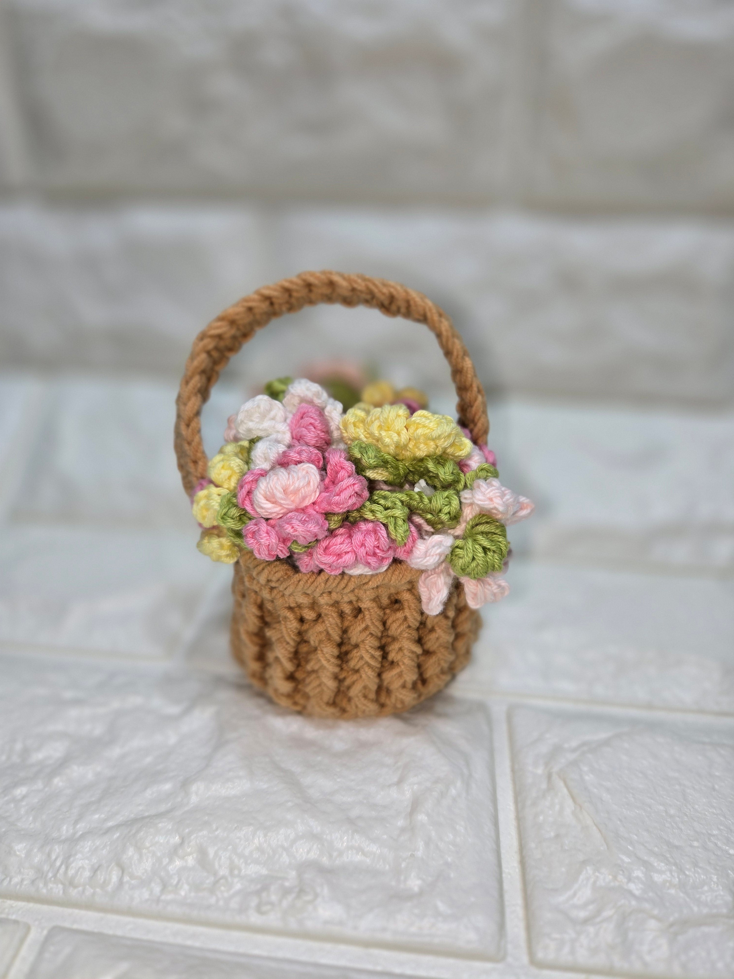 Handmade Crochet Flower Coasters with Mini Basket