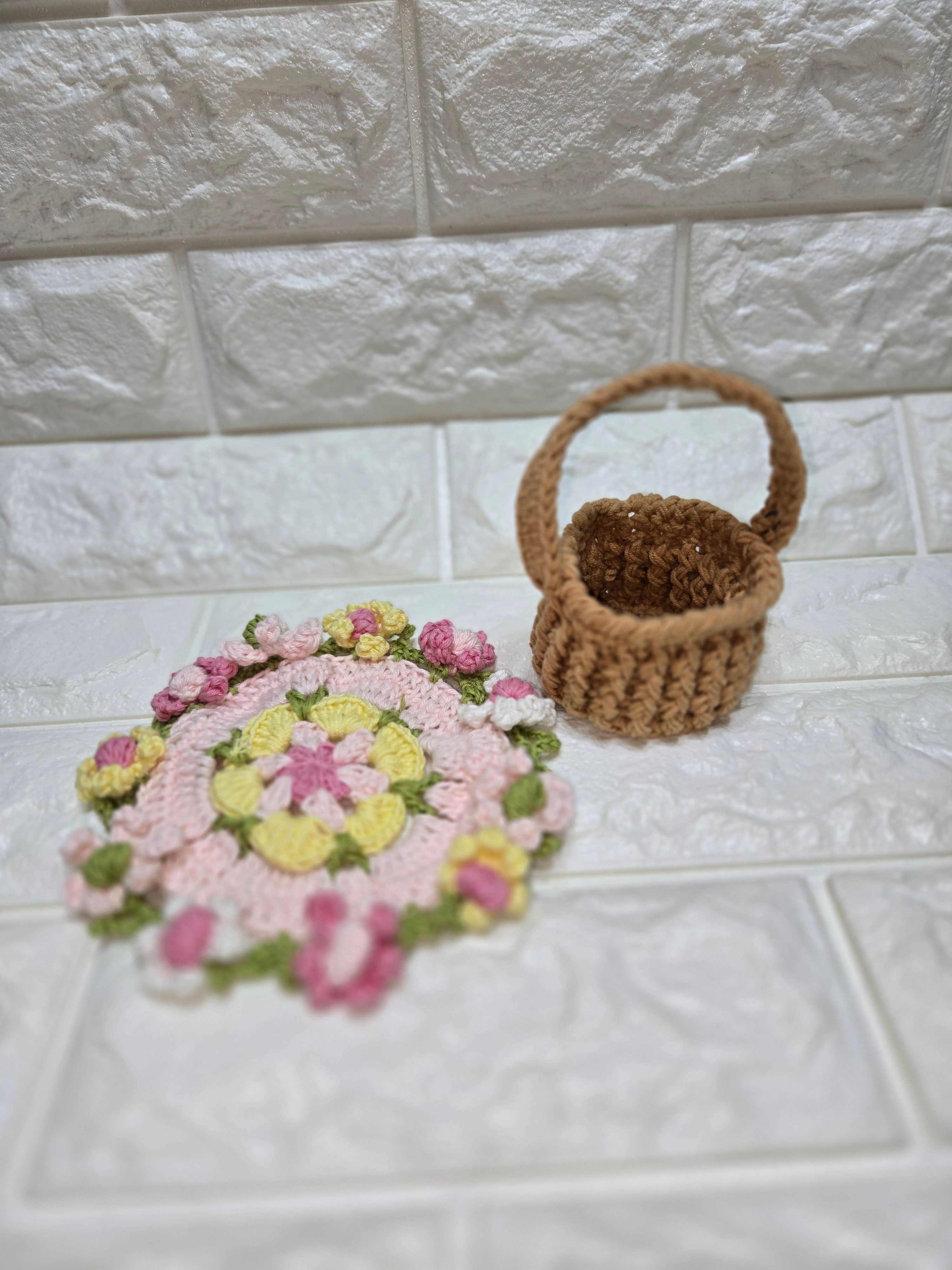 Handmade Crochet Flower Coasters with Mini Basket