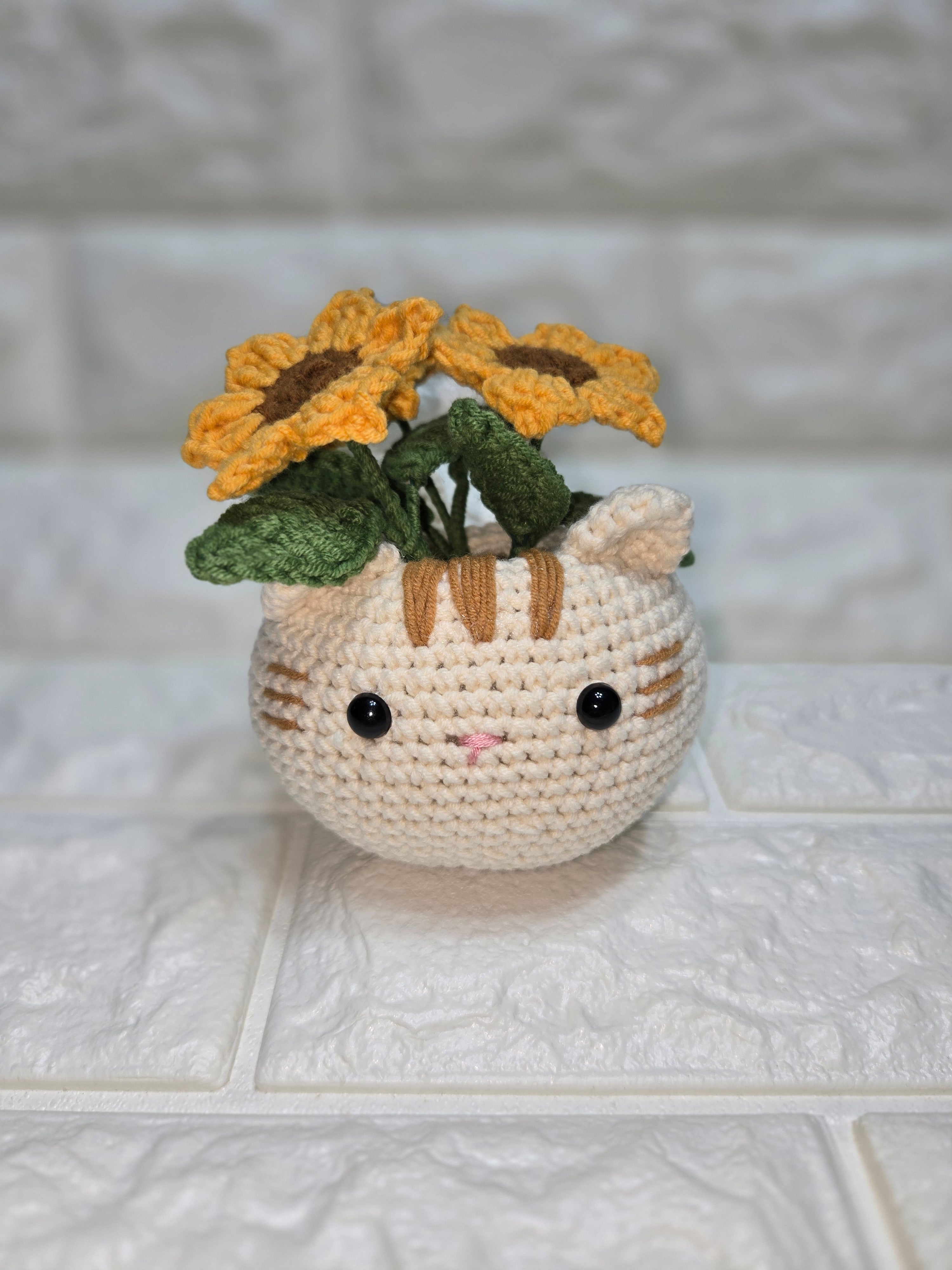 Handmade Crochet Cat Planter Pot with Flower