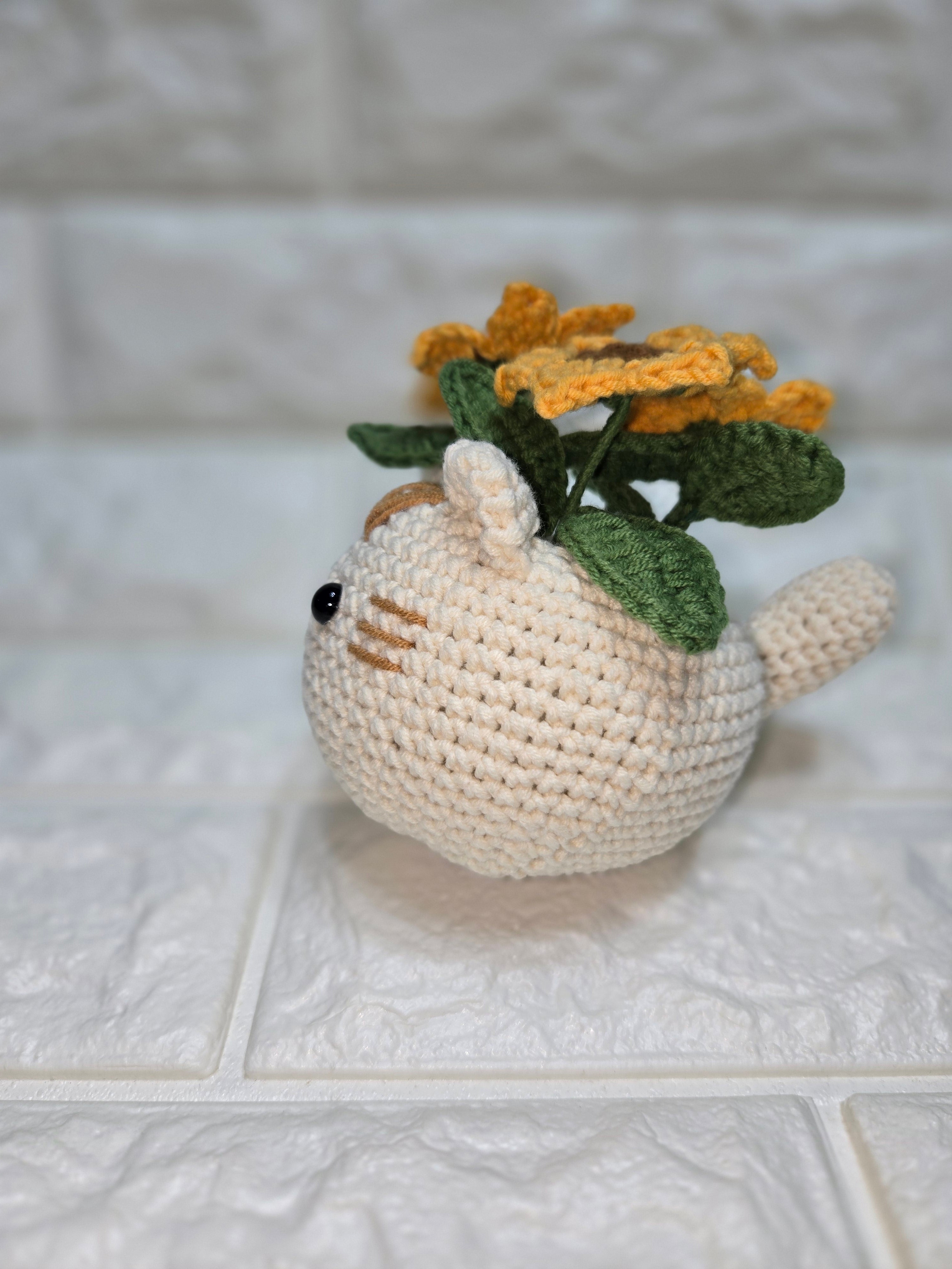 Handmade Crochet Cat Planter Pot with Flower