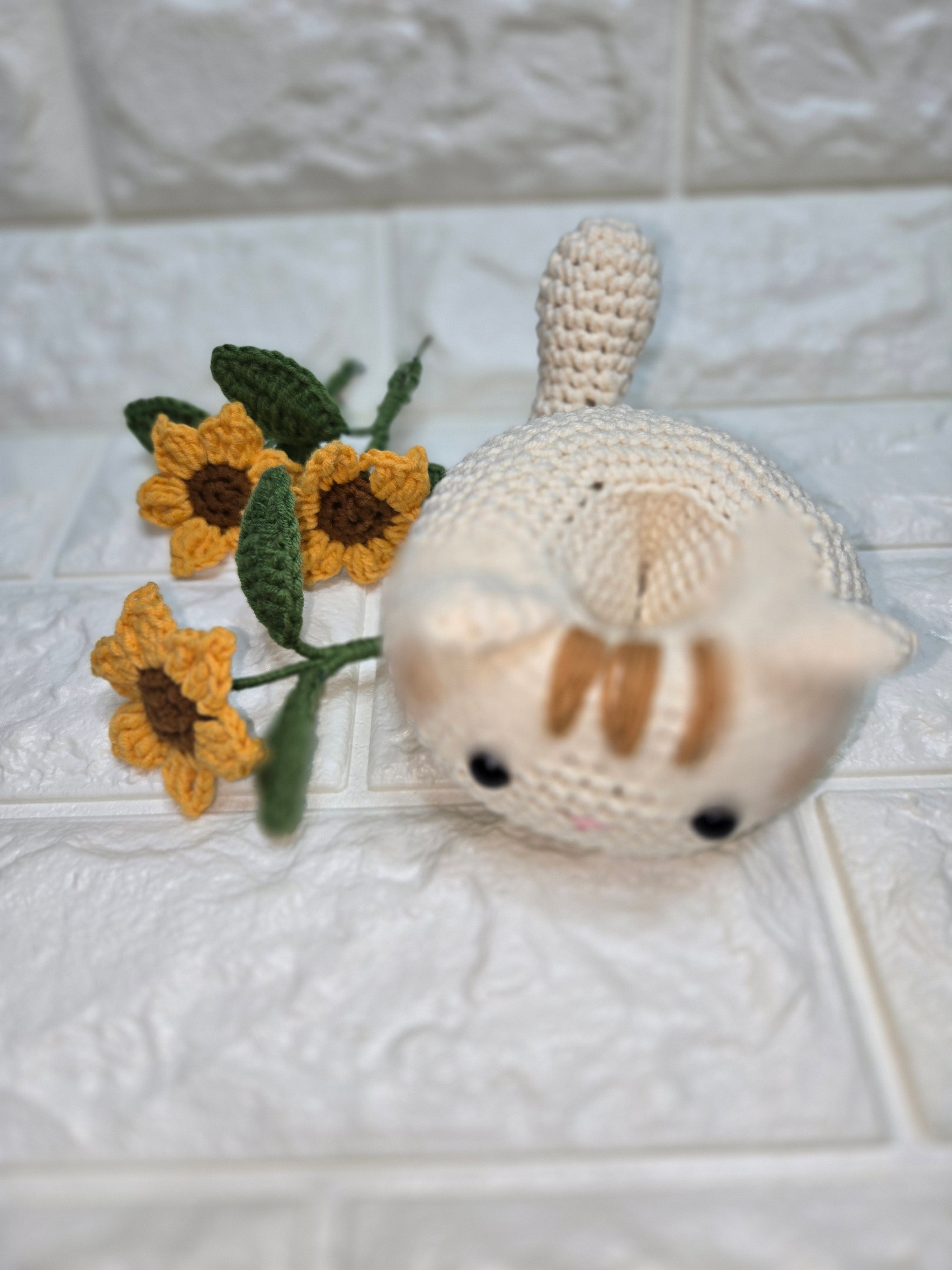 Handmade Crochet Cat Planter Pot with Flower