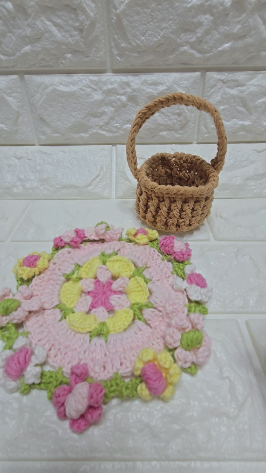 Handmade Crochet Flower Coasters with Mini Basket