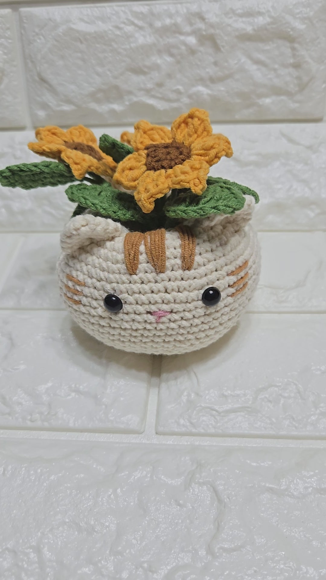 Handmade Crochet Cat Planter Pot with Flower