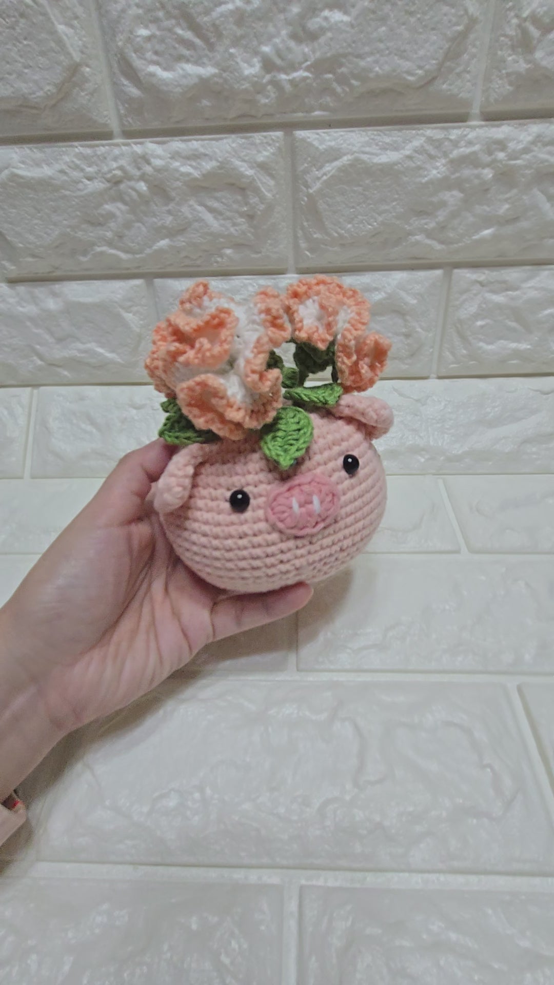 Handmade Crochet Pig Planter Pot with Flower